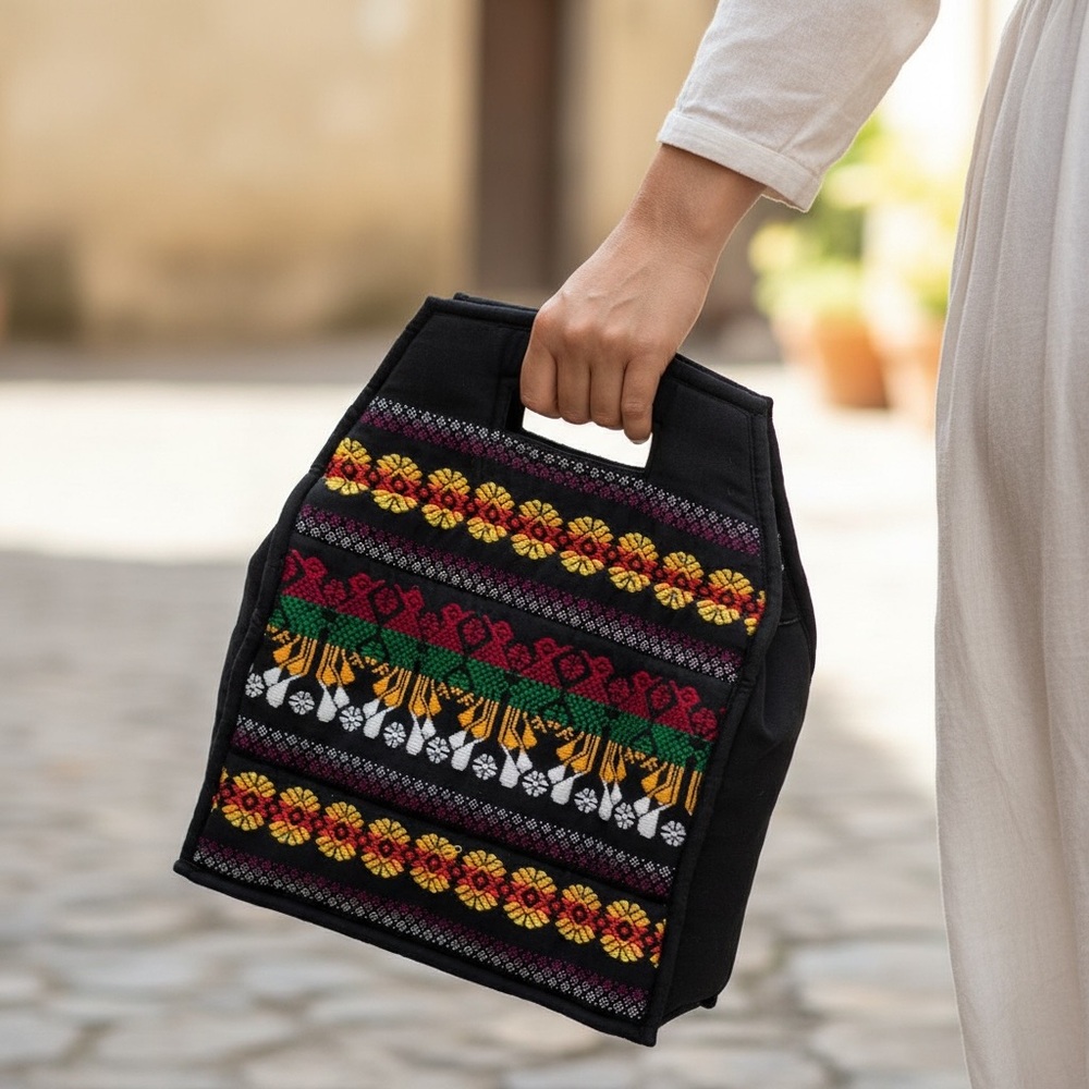 Boho Embroidered Quilted Tote Bag Black Folk Floral Handbag 14x17
